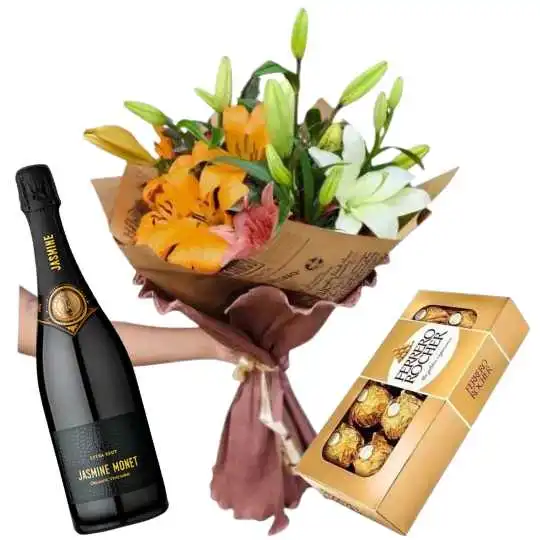 Ramo lilium lirios rocher x8 y espumante